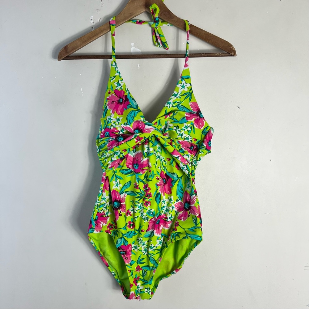 Leilani Green Pink One piece Floral Halter Swimsuit Size 4